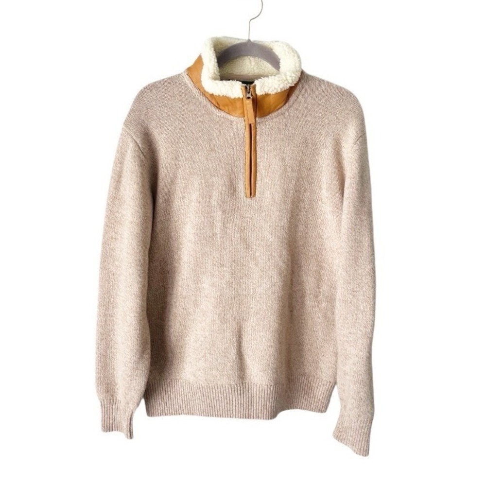 Orvis 100% Lambswool Quarter Zip Sweater Leather‎ Sherpa Trim Size Medium